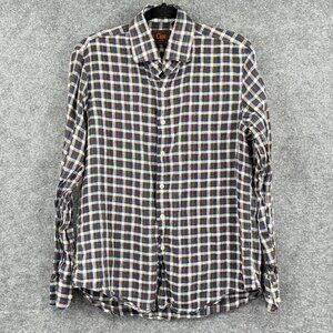 Cigar Couture Mens Medium Plaid Linen Button-Up Shirt Blue Brown Beige